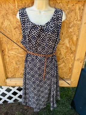 Roz & Ali Navy and White Geometric Midi Dress with Braided Belt